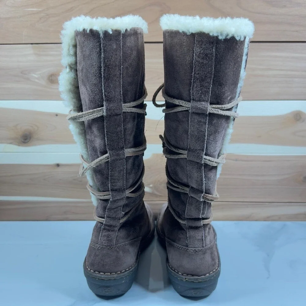UGG Australia Sunburst Tall Suede Sheepskin Boots Brown Lace Up Womens 7